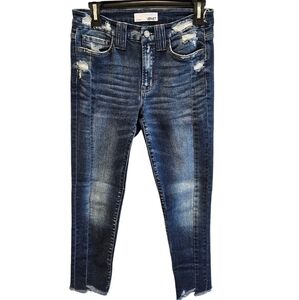 Vervet Excuses Mid Rise Distressed Slim Straight Jeans Dark Wash